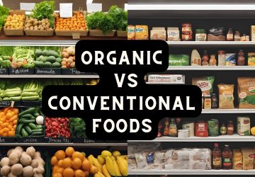 Side-by-side display of organic and conventional fruits and vegetables at a market, illustrating the organic food vs conventional food debate